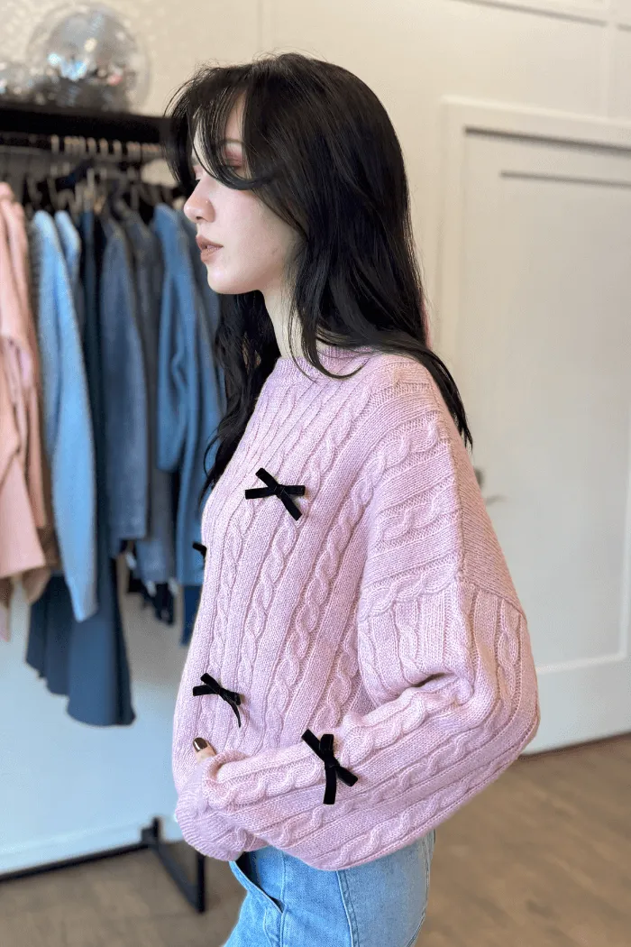 Bow Detail Cable Knit Sweater in Pink