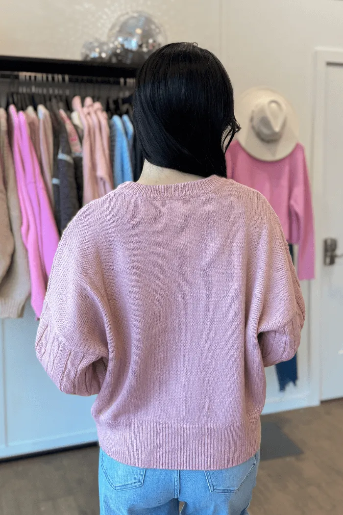 Bow Detail Cable Knit Sweater in Pink