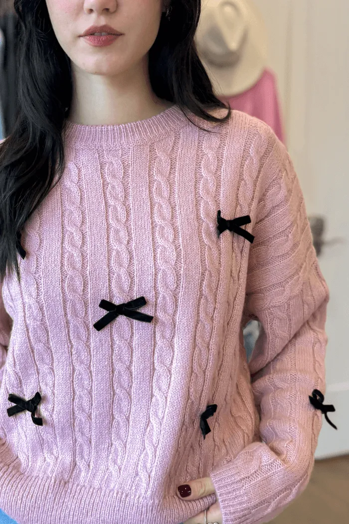 Bow Detail Cable Knit Sweater in Pink
