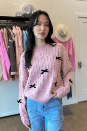Bow Detail Cable Knit Sweater in Pink