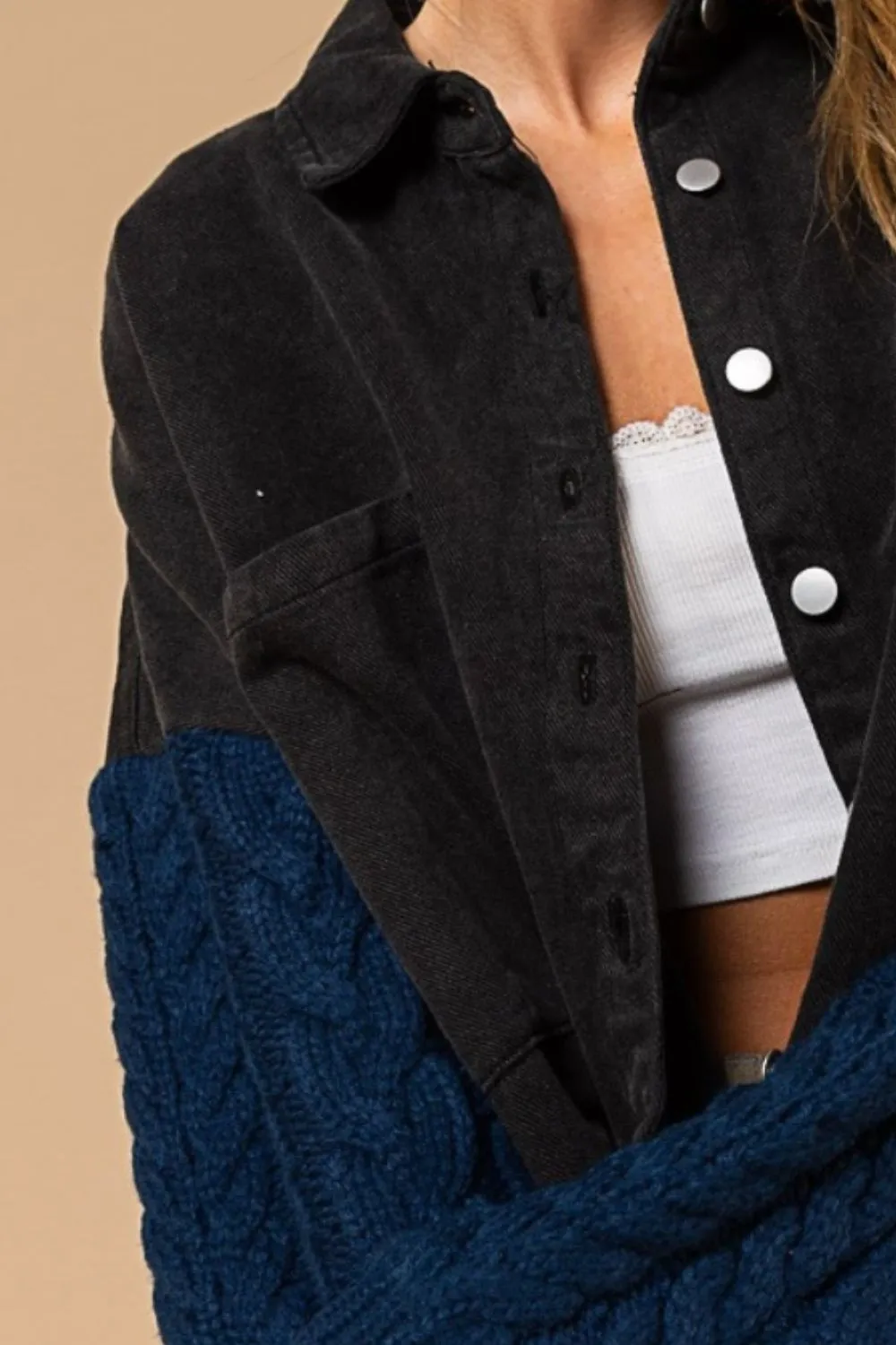 Contrast Sweater Sleeve Button Down Shacket in Black Ocean
