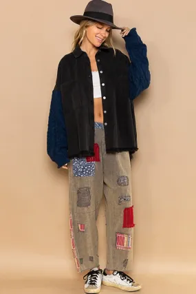 Contrast Sweater Sleeve Button Down Shacket in Black Ocean