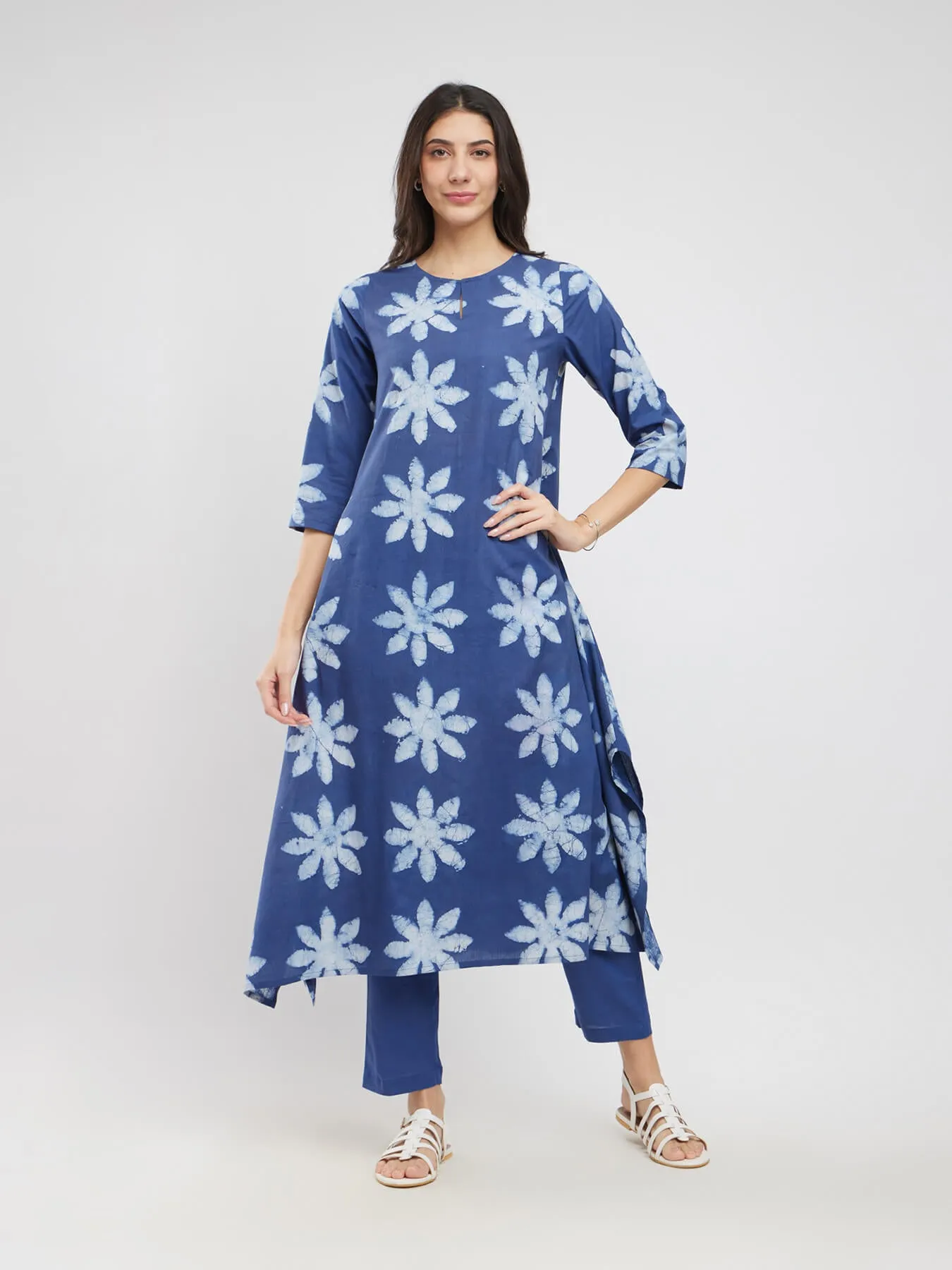 Cotton Dabu Floral Asymmetrical Kurta Set - Blue