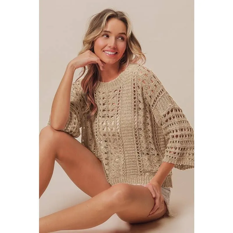 CROCHET KNIT HALF SLEEVES ROUND NECK TOP: OATMEAL