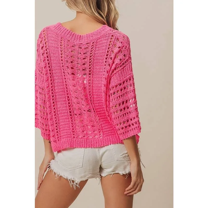 CROCHET KNIT HALF SLEEVES ROUND NECK TOP: OATMEAL