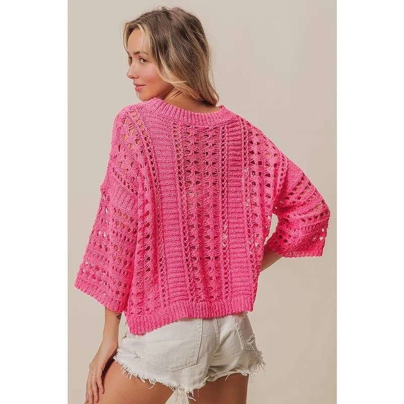 CROCHET KNIT HALF SLEEVES ROUND NECK TOP: OATMEAL