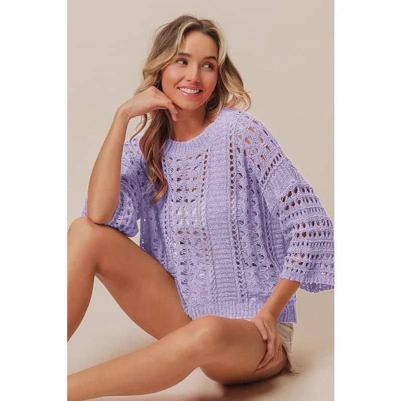 CROCHET KNIT HALF SLEEVES ROUND NECK TOP: OATMEAL
