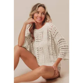 CROCHET KNIT HALF SLEEVES ROUND NECK TOP: OATMEAL