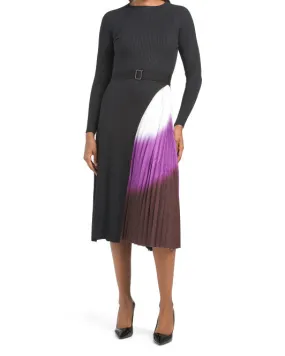 DALIA MACPHEE Belted Sweater Dress With Pleated Ombre Skirt