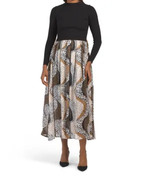 DALIA MACPHEE Ribbed Long Sleeve Sweater Dress With Pleated Skirt