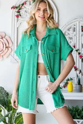 Emerald Isle Button Down Ribbed Short Sleeve Top