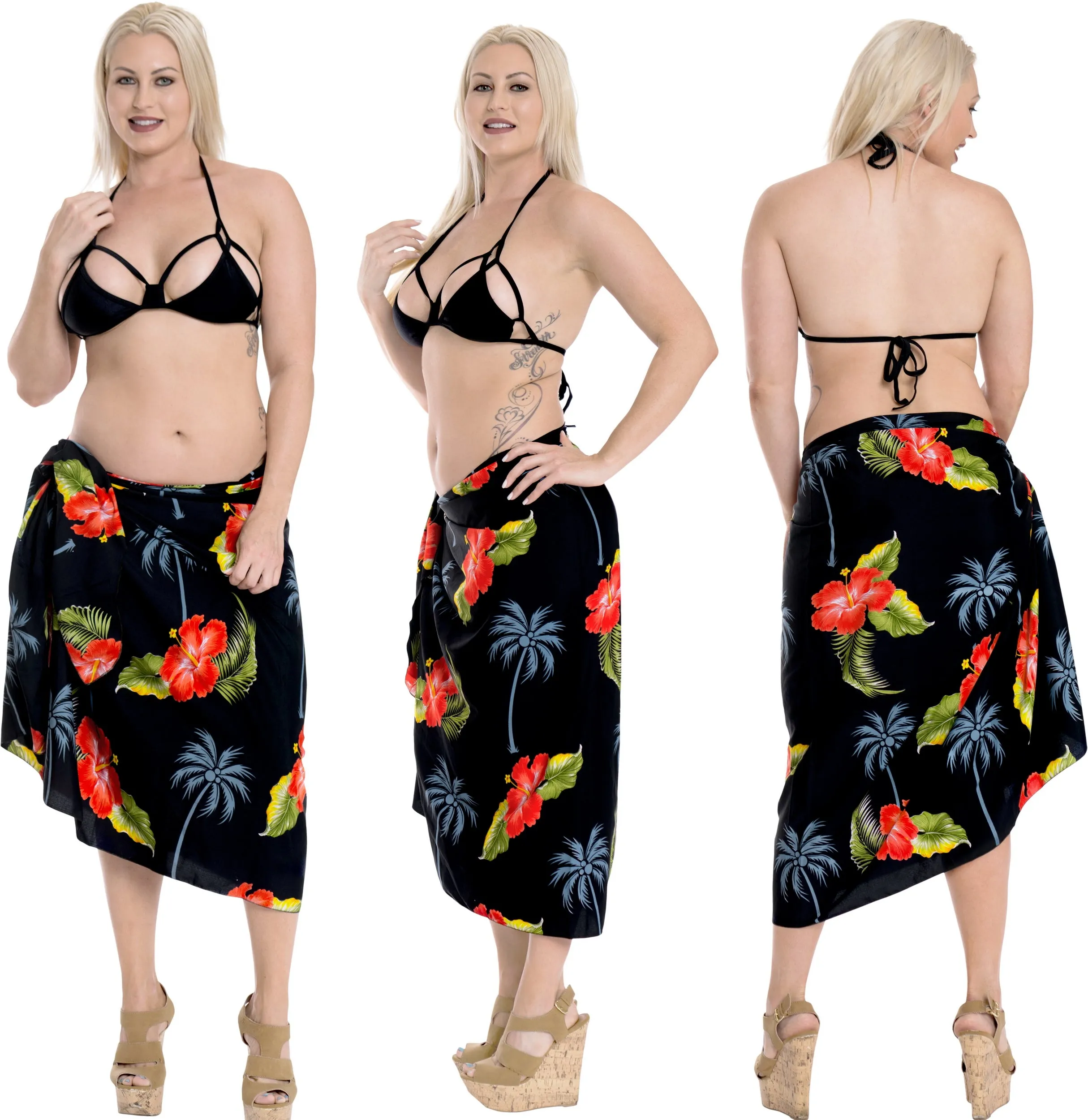 LA LEELA Women Full Maxi Plus Size Sarong Swimsuit Cover Up One Size Black_E383