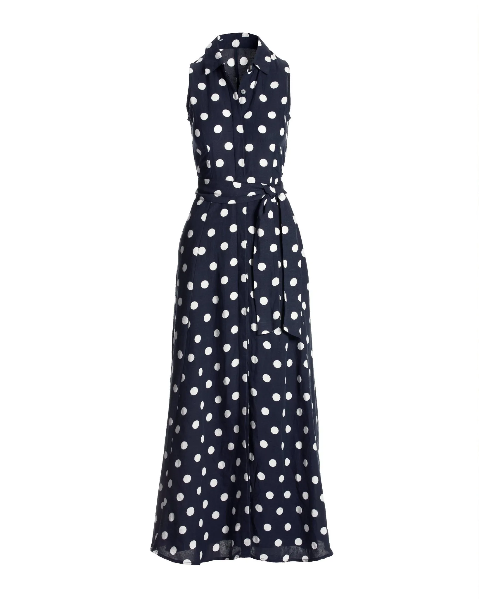 Linen Sleeveless Polk-a-dot Maxi Shirt Dress Navy