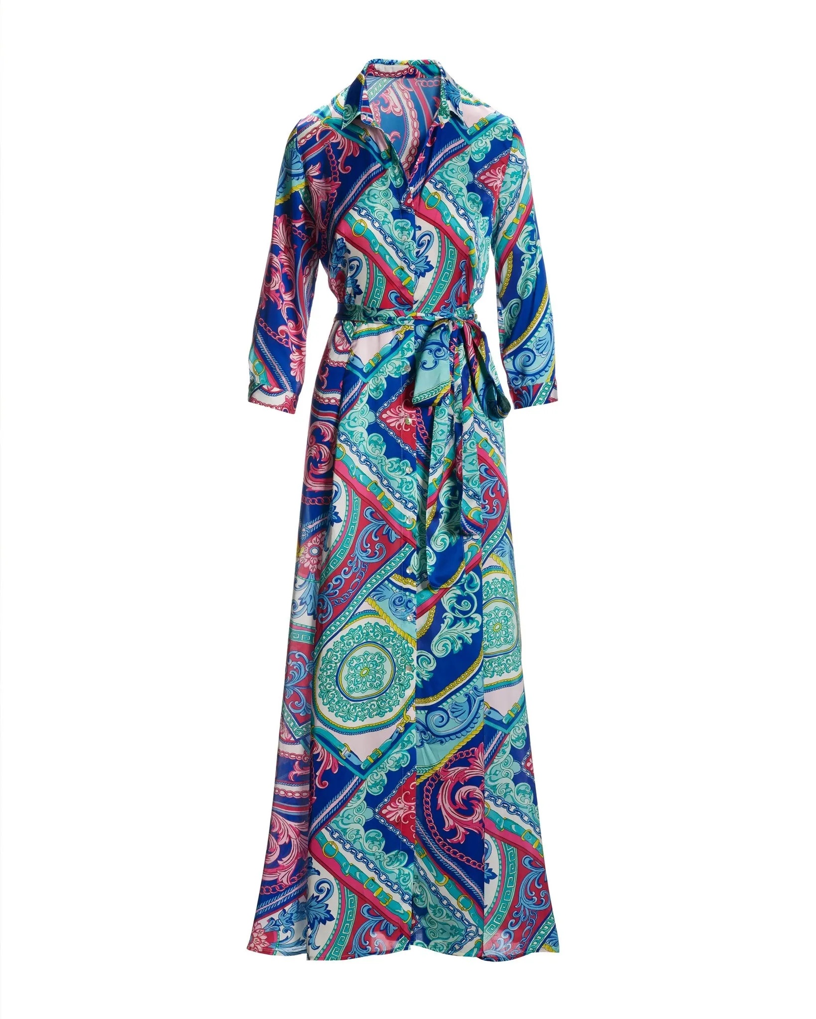 Luxe Tiles Print Charmeuse Maxi Shirt Dress Multi