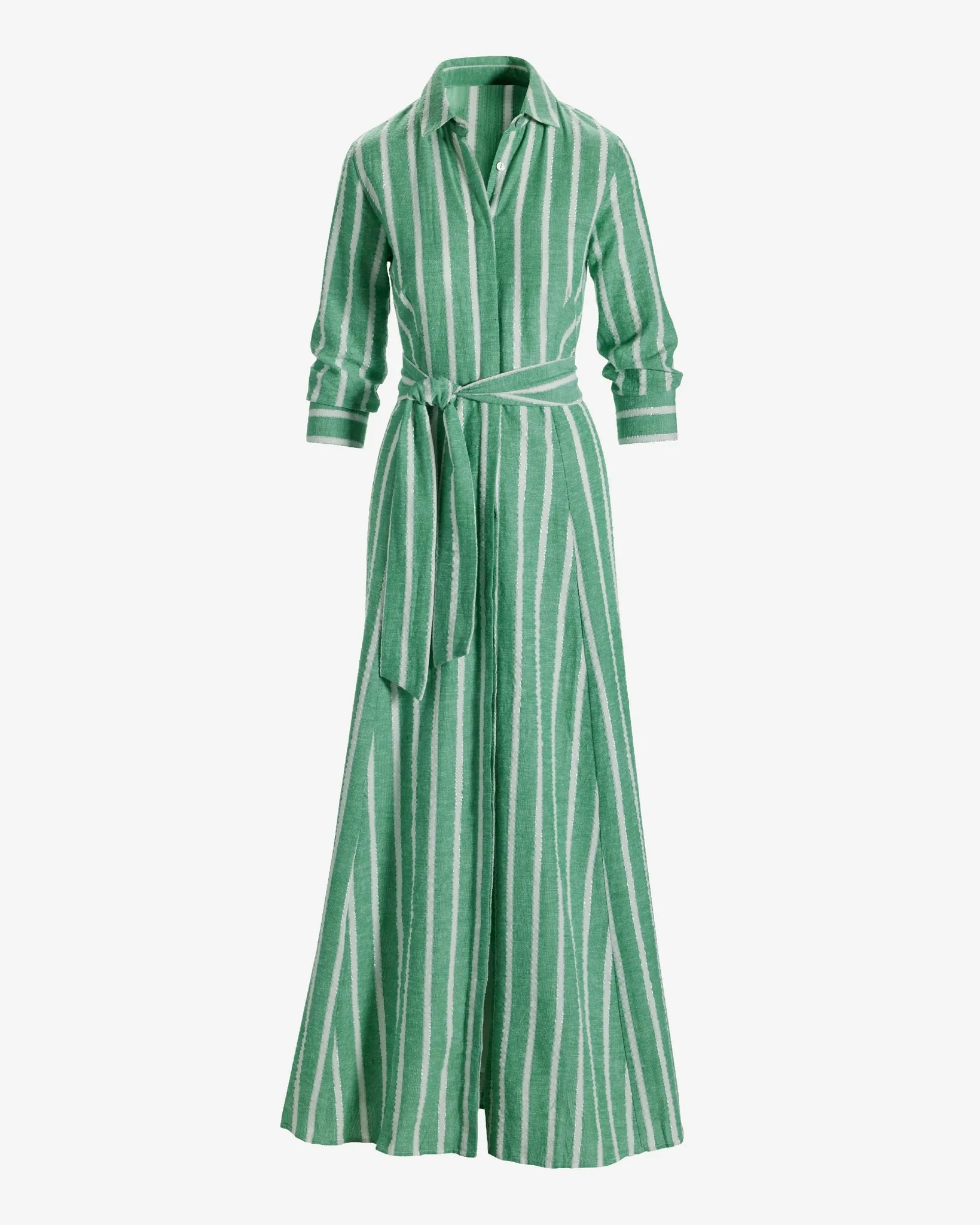 Metallic Stripe Linen Three Quarter Sleeve Maxi Shirt Dress Green/White