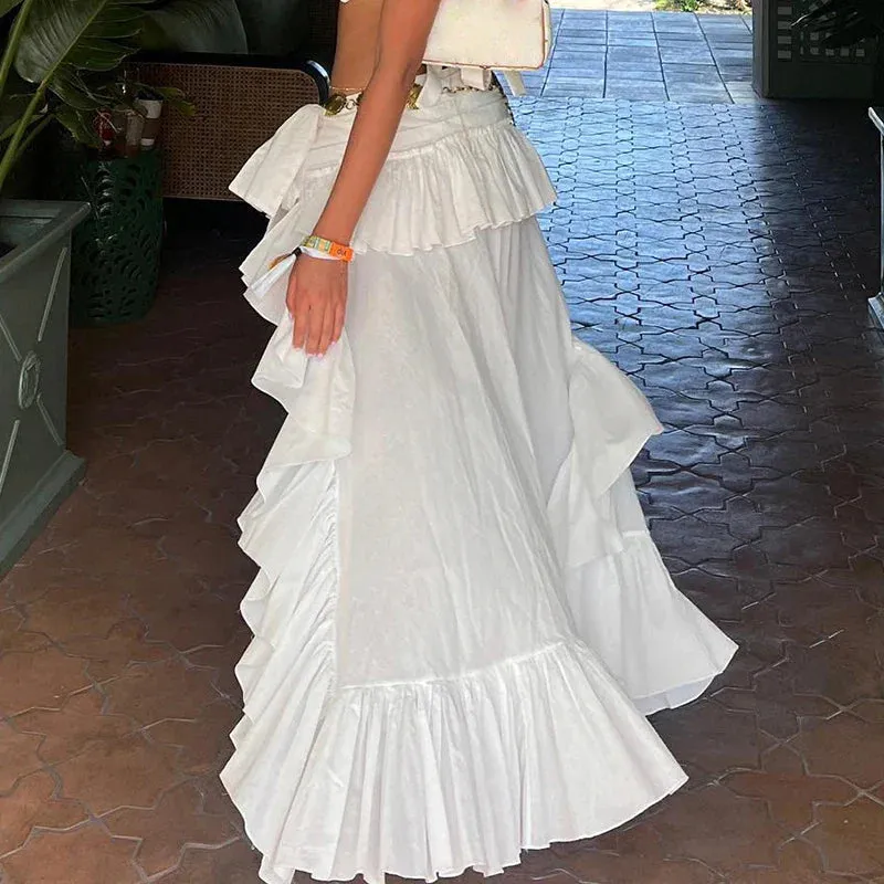 Metaversmall Streetwear White Ruffles Women Maxi Skirt Holidays Folds Fashion Design Tierred Party Skirt Double Layer Chic Bottoms