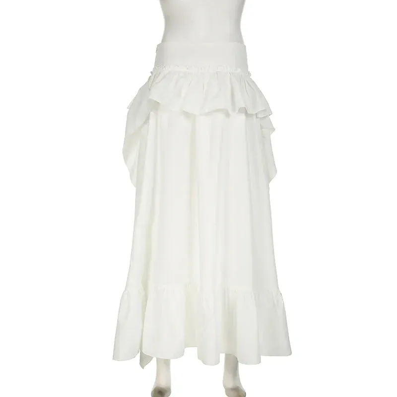 Metaversmall Streetwear White Ruffles Women Maxi Skirt Holidays Folds Fashion Design Tierred Party Skirt Double Layer Chic Bottoms