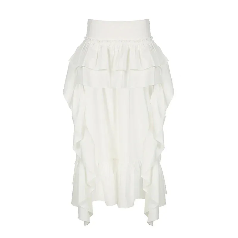 Metaversmall Streetwear White Ruffles Women Maxi Skirt Holidays Folds Fashion Design Tierred Party Skirt Double Layer Chic Bottoms