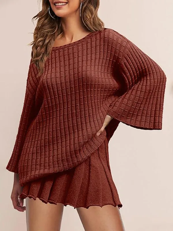 Momyknows Oversized Flare Sleeve Sweater And Pleated Mini Skirt Knit Two Piece Set Elegant Daily Going Out Maternity Baby Shower Mini Dress