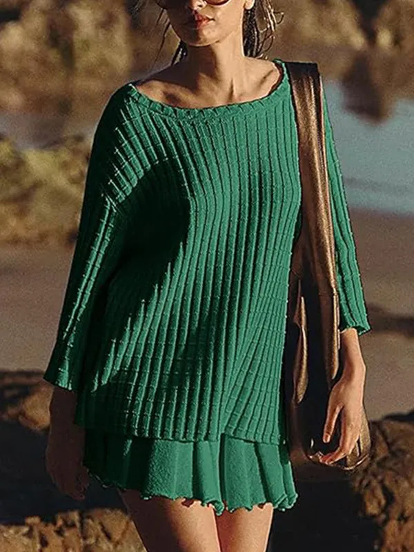 Momyknows Oversized Flare Sleeve Sweater And Pleated Mini Skirt Knit Two Piece Set Elegant Daily Going Out Maternity Baby Shower Mini Dress