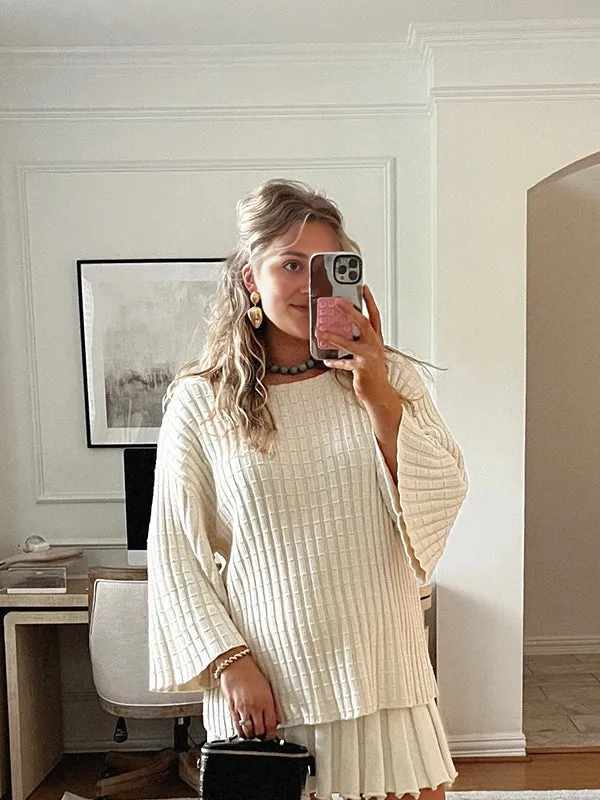 Momyknows Oversized Flare Sleeve Sweater And Pleated Mini Skirt Knit Two Piece Set Elegant Daily Going Out Maternity Baby Shower Mini Dress