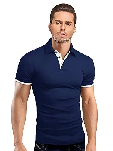 ONCEGALA Men's Cotton Basic Slim Fit Short Sleeve Collared Polo Shirts(Navy,S)
