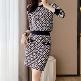 Set: Crew Neck Patterned Sweater   High Waist Mini Pencil Skirt