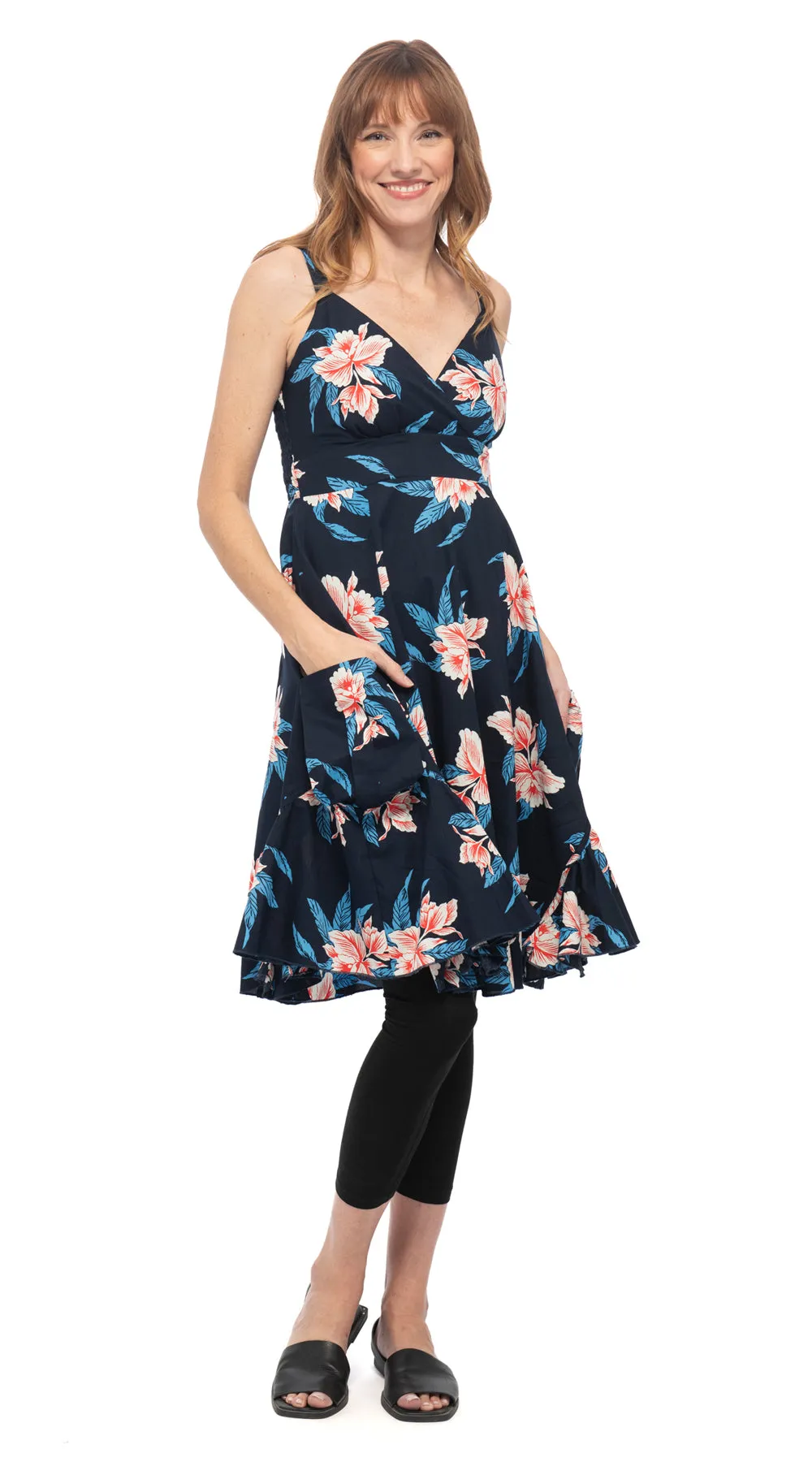 Swing Dress - navy hibiscus - cotton