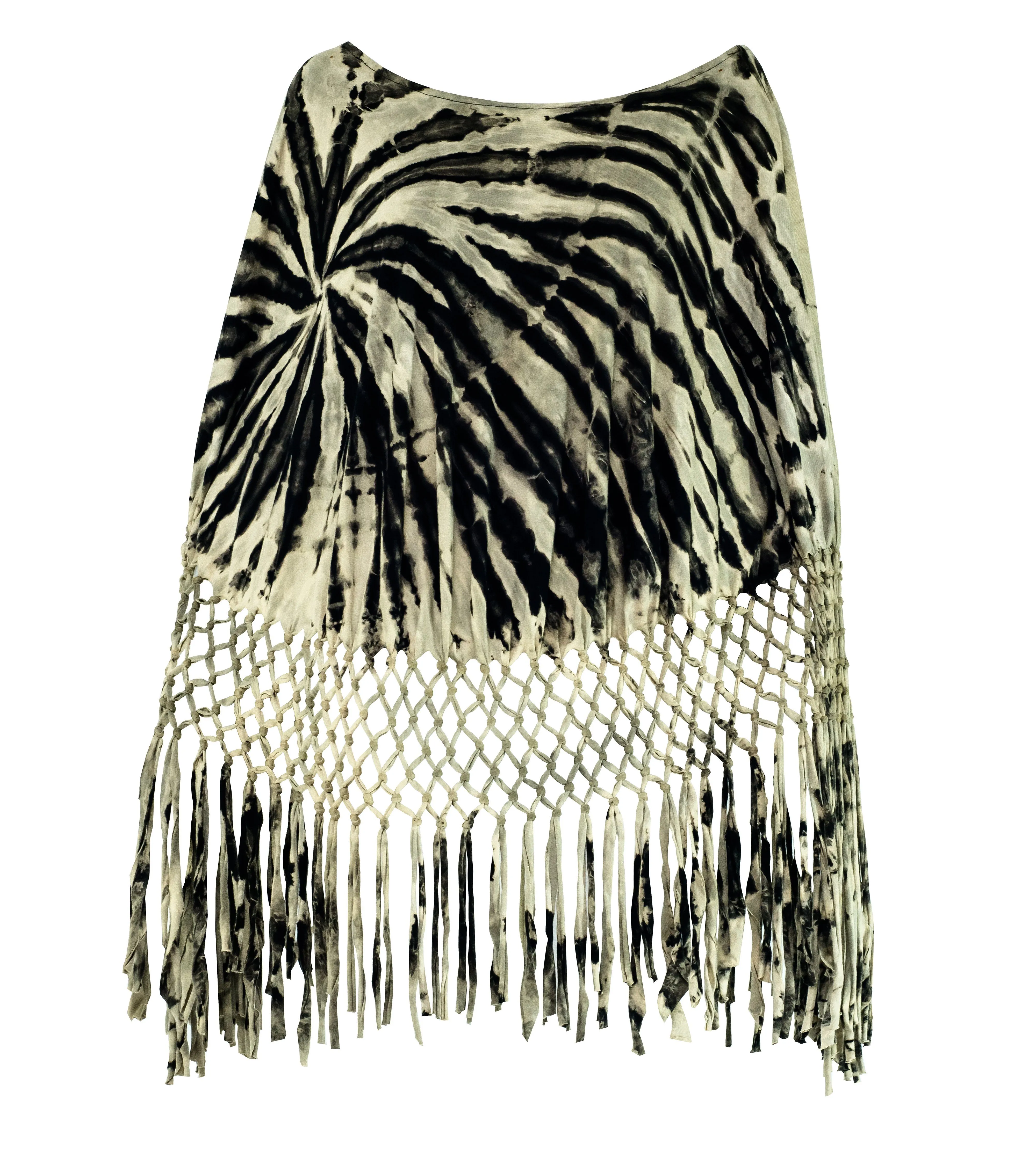 Tie Dye Macrame Net Poncho Black & White