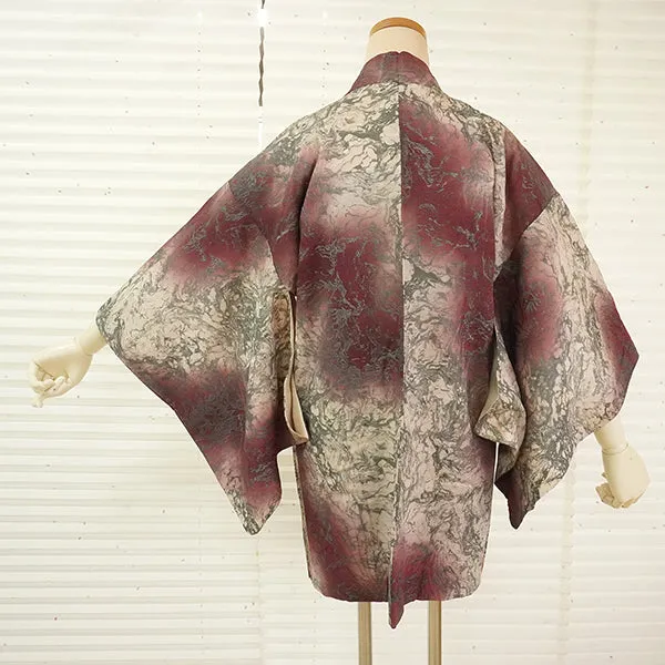 Vintage Haori Kimono Jacket Silk, Red-Purple base, Geometric Design