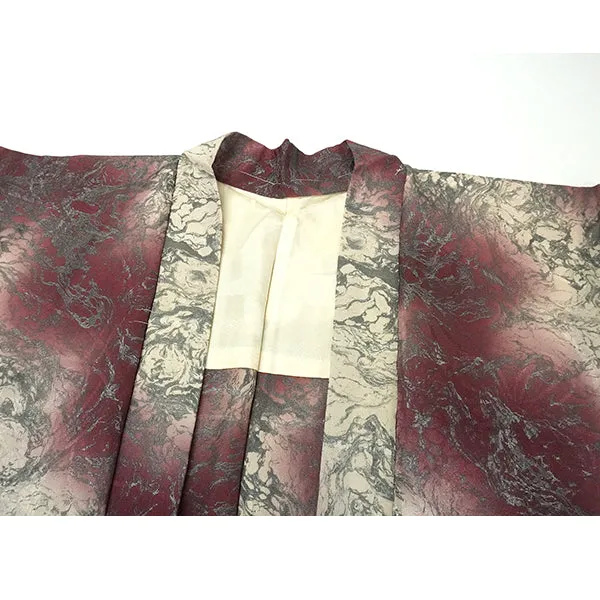 Vintage Haori Kimono Jacket Silk, Red-Purple base, Geometric Design