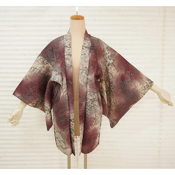Vintage Haori Kimono Jacket Silk, Red-Purple base, Geometric Design