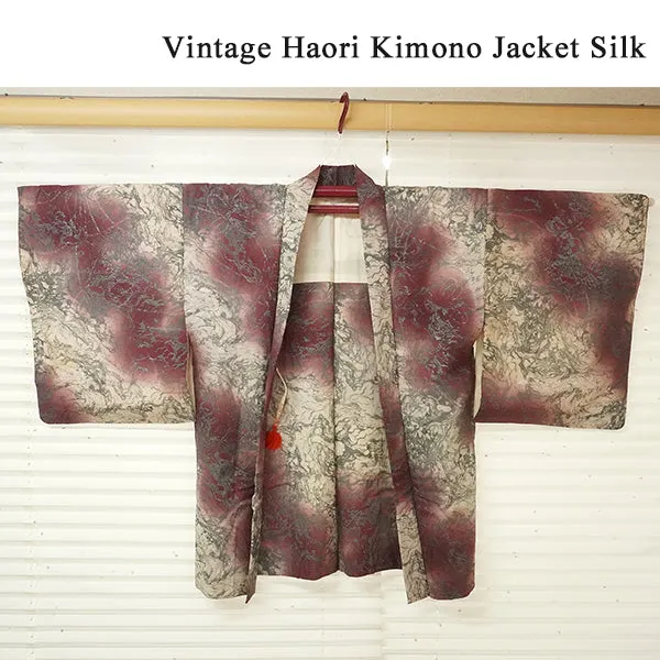 Vintage Haori Kimono Jacket Silk, Red-Purple base, Geometric Design