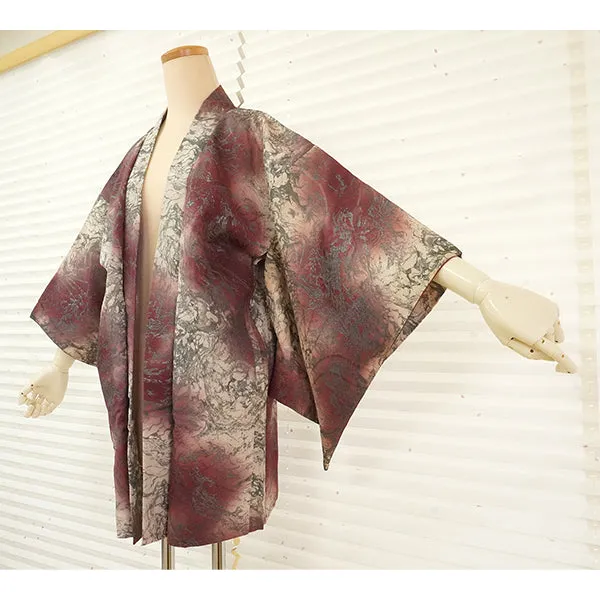 Vintage Haori Kimono Jacket Silk, Red-Purple base, Geometric Design