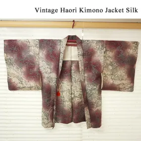 Vintage Haori Kimono Jacket Silk, Red-Purple base, Geometric Design