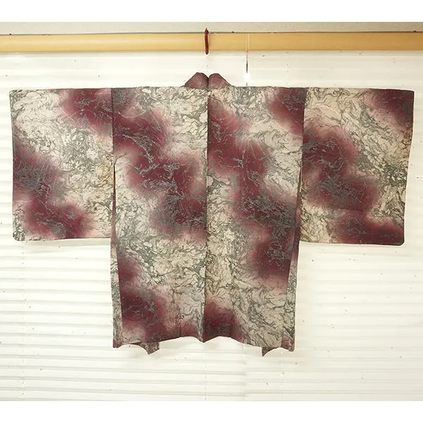 Vintage Haori Kimono Jacket Silk, Red-Purple base, Geometric Design