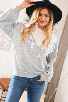White/Silver Cable Knit Sequin Tassel Hacci Sweater