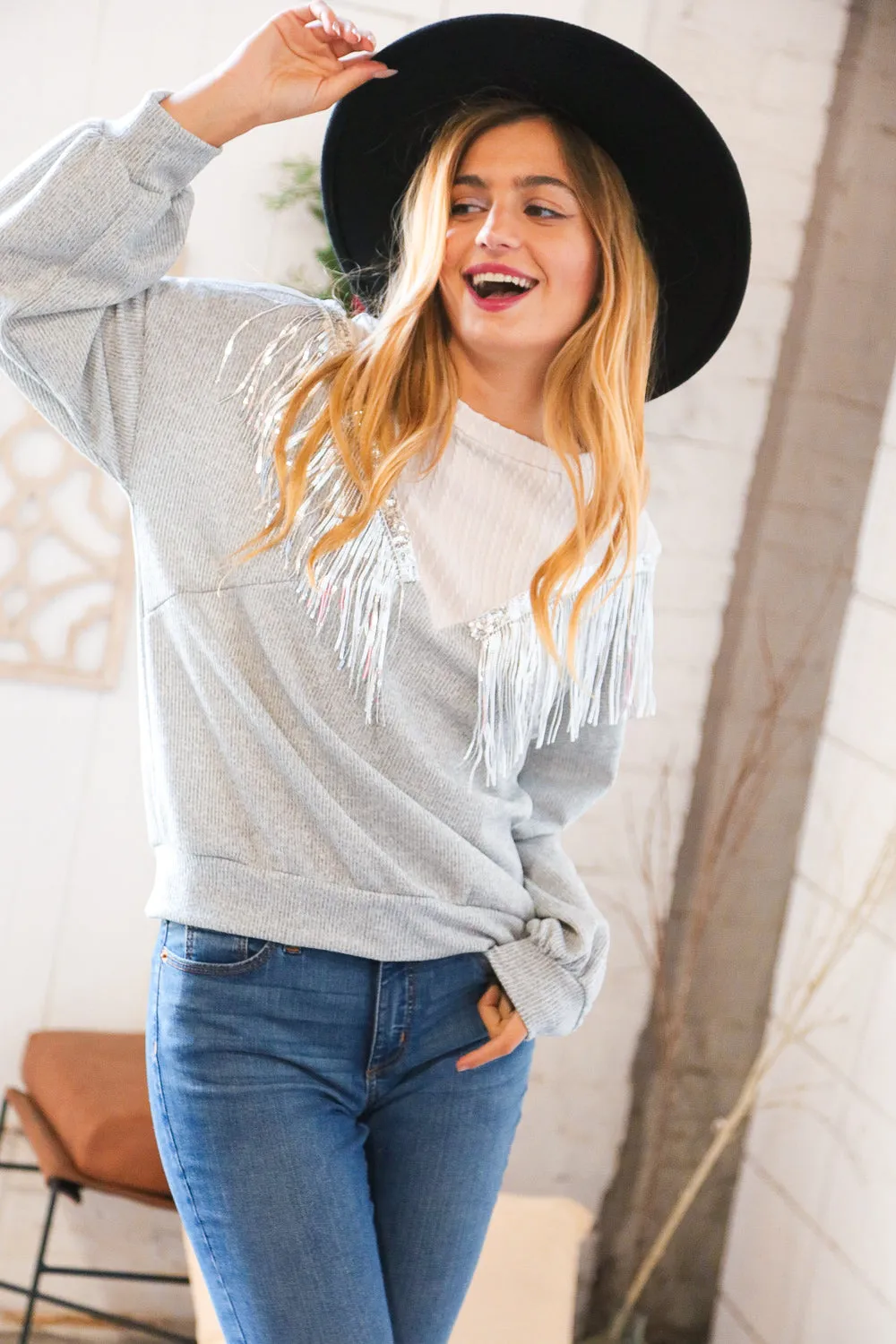 White/Silver Cable Knit Sequin Tassel Hacci Sweater