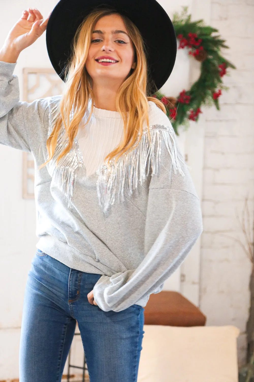 White/Silver Cable Knit Sequin Tassel Hacci Sweater