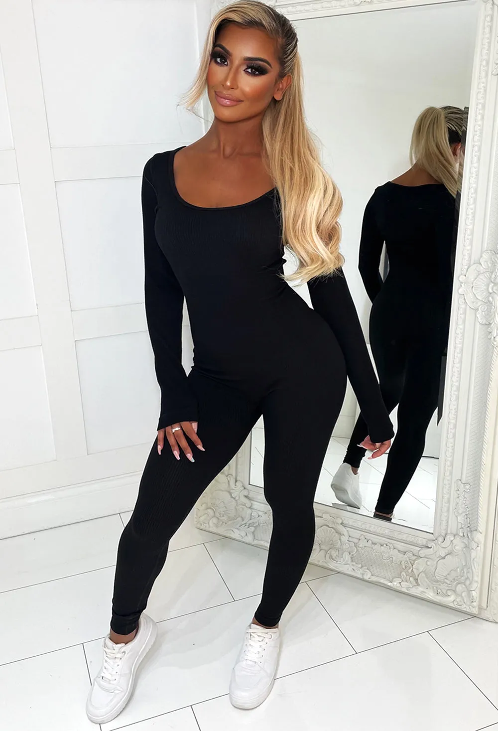 Workout Diva Black Long Sleeve Ultra Stretch Athleisure One Piece